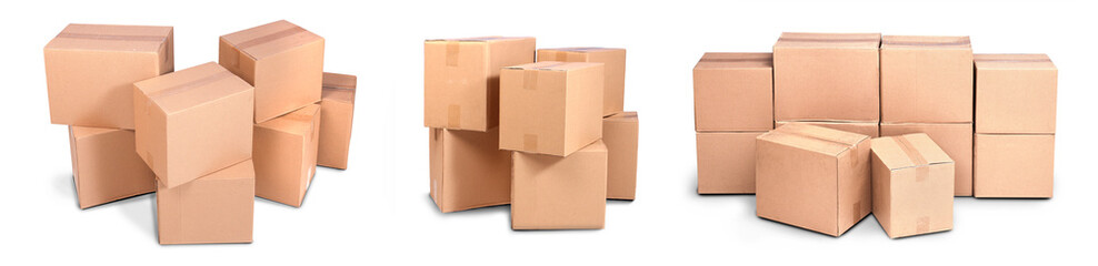  stack carton or cardboard pile or piles box isolated on white background. Online marketing packaging box and delivery