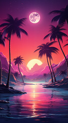 Tropical Sunset and Moonrise with Palm Silhouette
