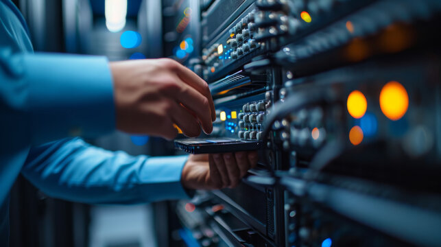 close-up of a person's hands working on a server or network equipment in a data center with blue lighting