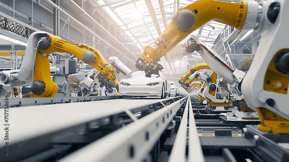 Poster Generative AI : Car Factory 3D Concept: Automated Robot Arm Assembly Line Manufacturing High-Tech Green Energy Electric Vehicles. Automatic Construction, Building, Welding Industrial Production Convey