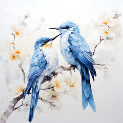 Two watercolor birds on branch