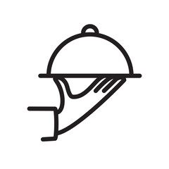 Food serving tray black line icon. Silver tray in hand waiter. Vector illustration flat design. Isolated on white background.