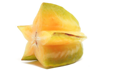 Half cut fresh organic star fruit delicious side view isolated on white background clipping path