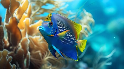 Generative AI : Queen Angelfish Bright Blue Colorful Surrounded by Sponges