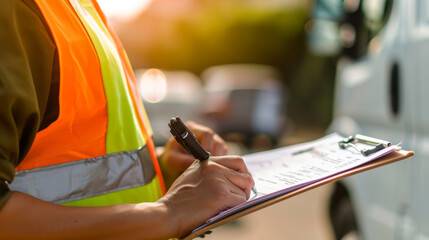 close-up of a person in a high-visibility vest writing on a clipboard