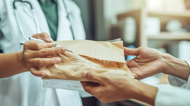 Person in a lab coat receiving a package from another person, representing a delivery or transfer of goods, possibly medical supplies or documents, in a healthcare setting.