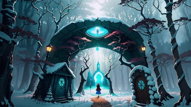 magic portal with doors in moon snowy forest landscape in winter. mystic path to gates to mysterious worlds.