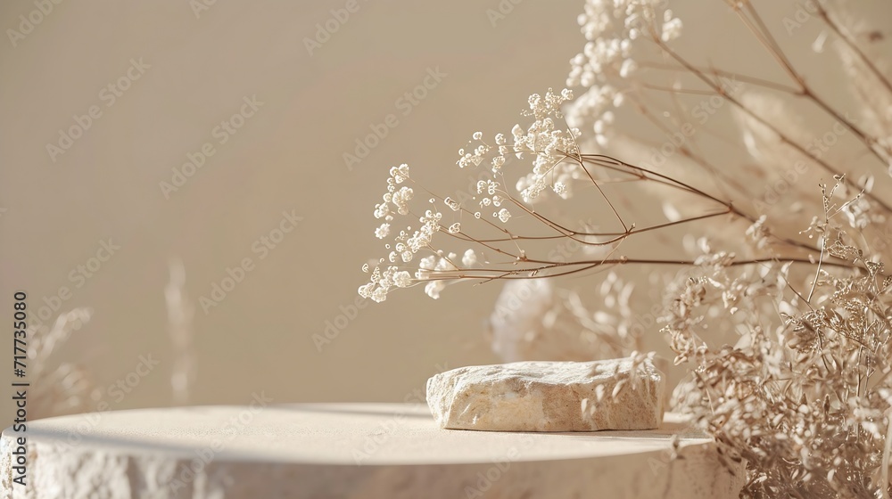 Poster Generative AI : Composition empty podium material tree stone dry flowers. Product presentation. 