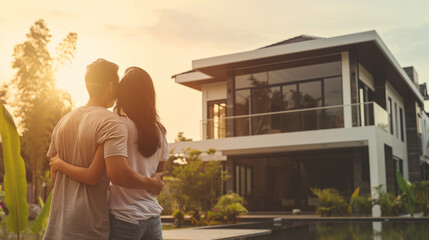 Fototapeta na wymiar couple standing on a lawn and embracing as they look towards a modern new house
