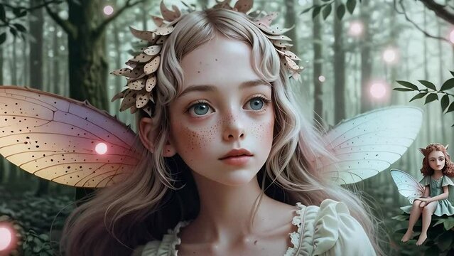 fabulous portrait of beautiful young forest fairy elf with butterfly wings. close up.