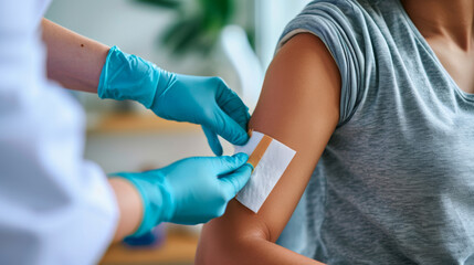 healthcare professional in blue gloves applying an adhesive bandage to someone's upper arm