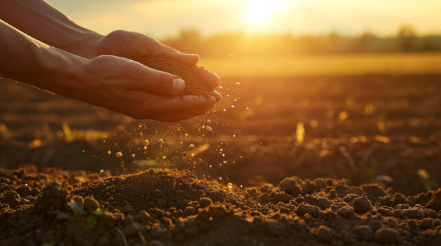 pair of hands gently releasing soil against a backdrop of a sunset over a field