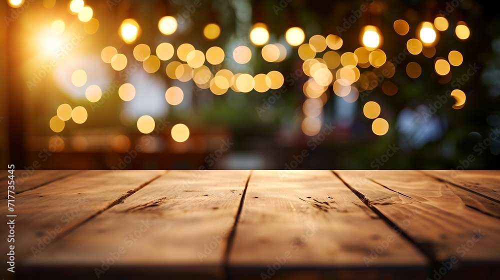 Aufkleber generative ai : empty wooden table top with lights bokeh