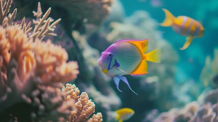 Generative AI : Tropical sea underwater fishes on coral reef. Aquarium oceanarium wildlife colorful...