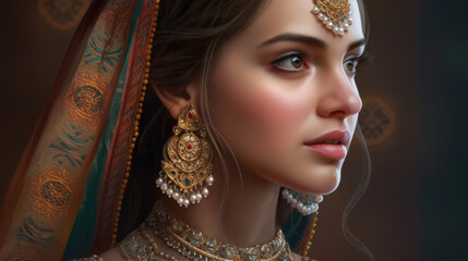 Caucasian girl wearing Indian saree. Generative AI