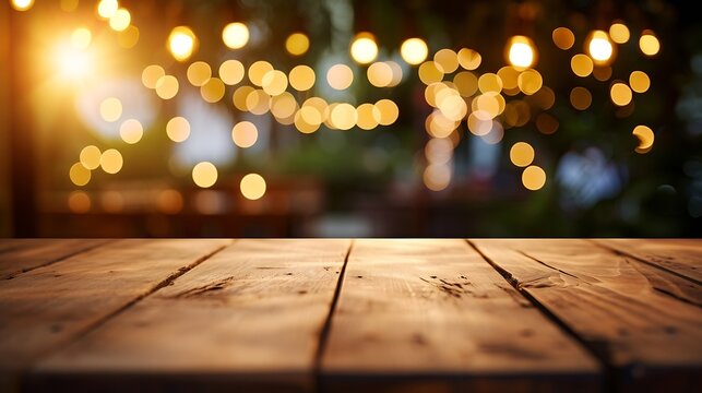 Generative AI : Empty wooden table top with lights bokeh
