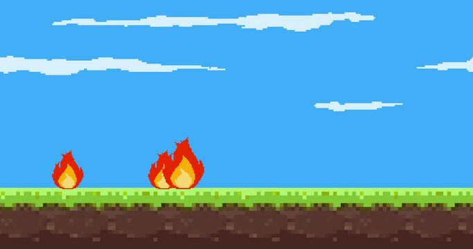 Animation of old style pixel game. Pixel art game background. Ground, grass, fire, sky, tree, clouds and stars. Pixel art Game Design 8 bit video vector. Old school background for game.	