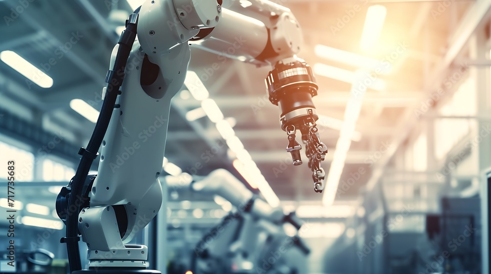 Poster Generative AI : Mechanized industry robot and robotic arms for assembly in factory production . 
