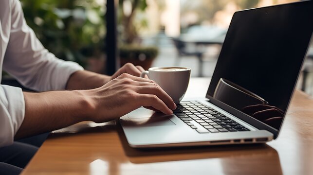 Person working on a laptop with a cup of coffee , Person working on laptop, cup of coffee