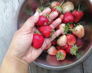 Fresh red strawberries on hand