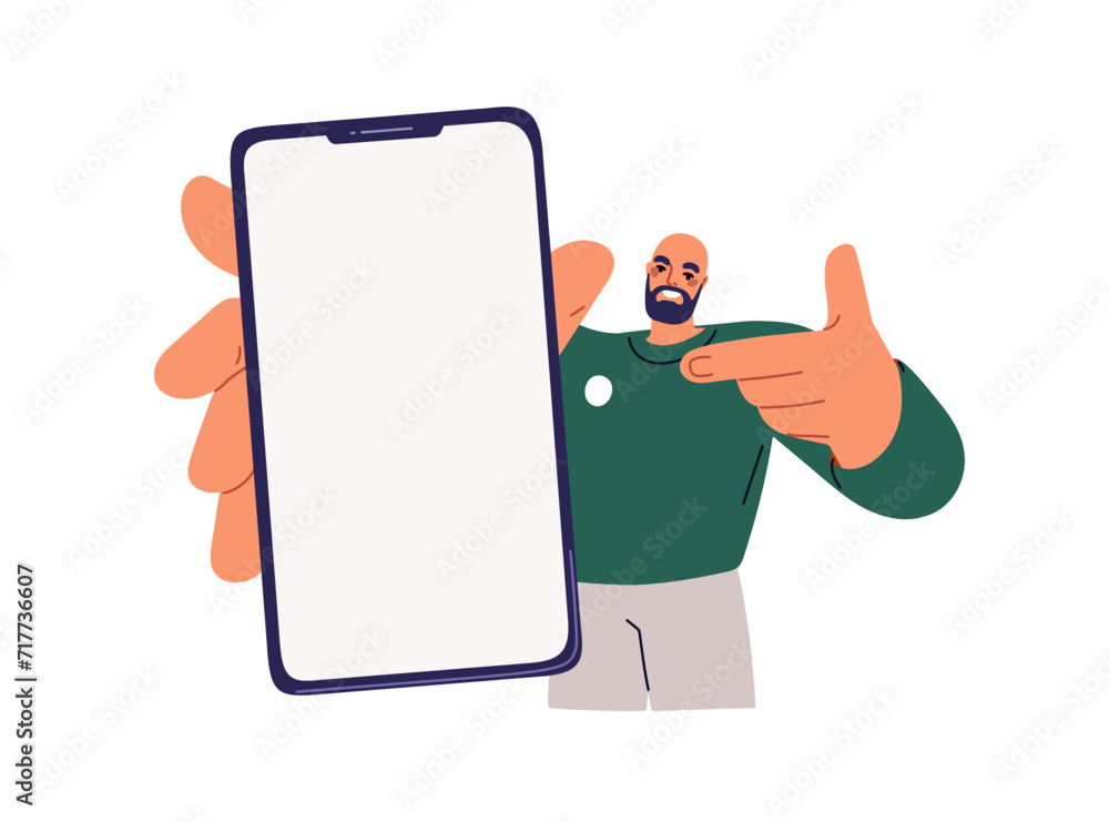 Poster showing mobile phone screen in hand. happy man holding smartphone mockup, advertising cellphone app.