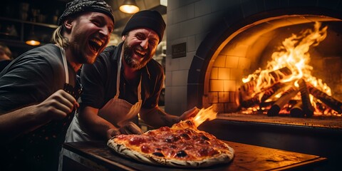 Cheerful chefs baking authentic pizza in a wood-fired oven. joy of cooking, artisanal food preparation. AI