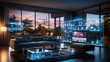 modern living room and smart home interface, blue digital network line and icon hologram, smart home concept