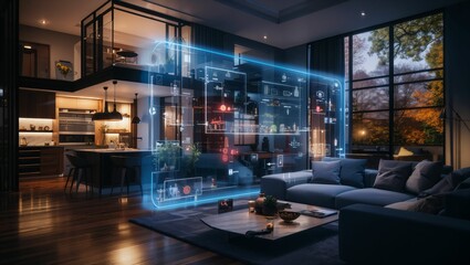 modern living room and smart home interface, blue digital network line and icon hologram, smart home concept