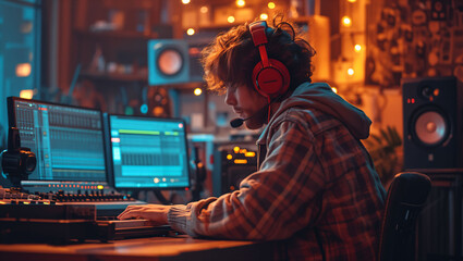 Fototapeta premium Sound engineer wearing headphones and music recorder in music recording studio