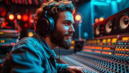 Sound engineer wearing headphones and music recorder in music recording studio