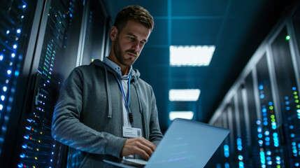 focused man in a hoodie and glasses using a laptop in a server room - obrazy, fototapety, plakaty