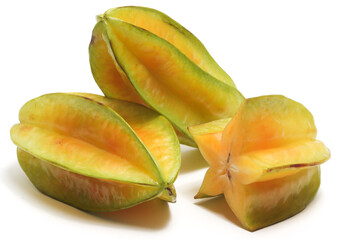 Half cut and two whole fresh organic star fruit delicious isolated on white background clipping path