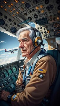 portrait of an elderly pilot of the ship's captain in the cockpit airplane. generative AI.