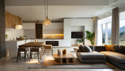 Luxurious interior design living room and white kitchen. Open plan interior. Generative AI.