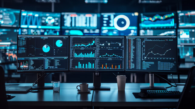 high-tech workstation with multiple computer monitors displaying graphs and analytical data
