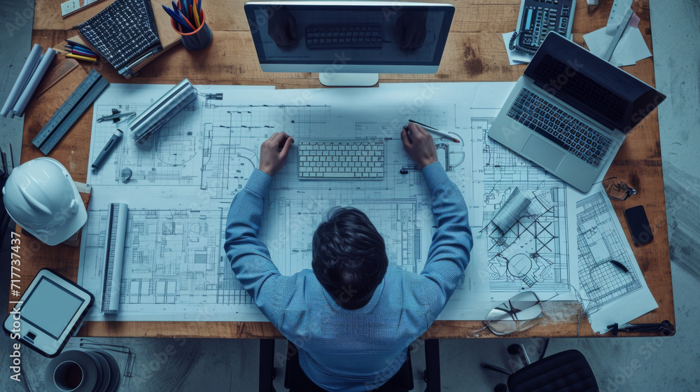 Poster overhead shot of an architect working at a desk with blueprints