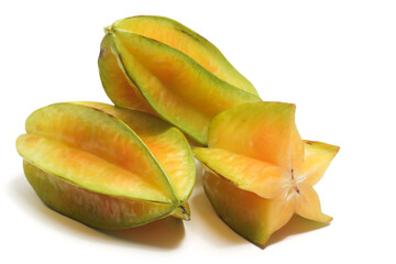 Half cut and two whole fresh organic star fruit delicious isolated on white background clipping path