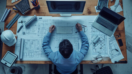 overhead shot of an architect working at a desk with blueprints