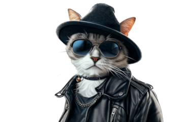 cool cat wearing a leather jacket and hat, exuding an urban style feel, isolated on a white background.
