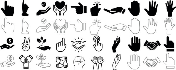 Hand gestures Vector set, communication symbols. Perfect for web design, educational materials. Includes thumbs up, peace sign, stop hand, love heart, clapping hands