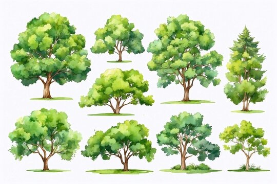 set of trees in watercolor style, white background, isolated trees for cards, book illustrations