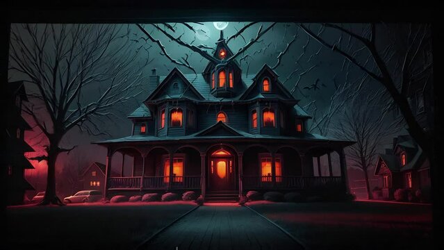 creepy house with red lights in windows on Halloween night. haunted house on full moon.