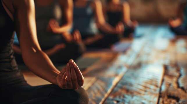 Yoga class in session, with individuals in seated meditation poses on yoga mats