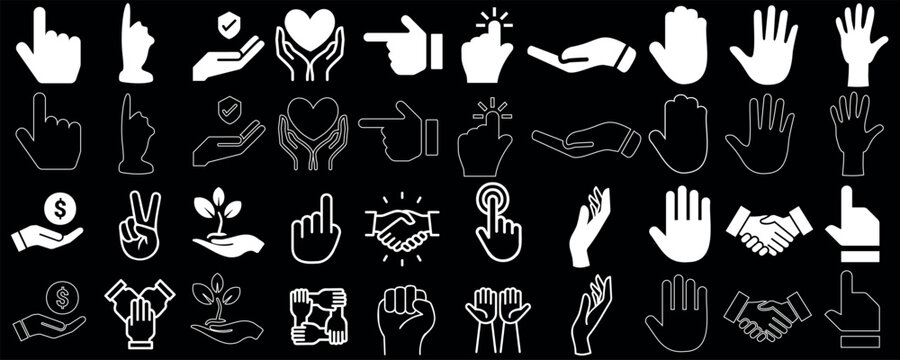 Hand gestures vector icons set, expressing emotions, messages. Ideal for web, apps. Includes thumbs up, peace sign, clapping, waving, handshake, heart, pointing finger, stop sign, high five