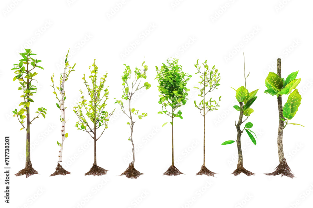 Wall mural variety of tree seedlings with different trunk textures, emphasizing the uniqueness and character of