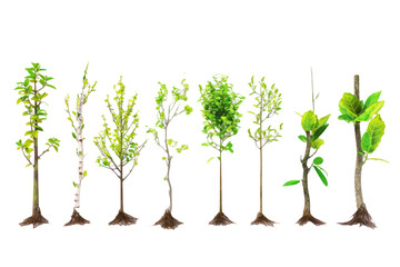 variety of tree seedlings with different trunk textures, emphasizing the uniqueness and character of each young plant on a white background.