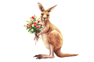 happy kangaroo with a bouquet of spring flowers in a bag isolated on a white background.