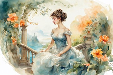 portrait in watercolor style of young woman in blue dress in the middle of a garden against the background of an ancient city