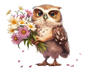 an admiring, wide-eyed owl holding a bouquet of blooming spring flowers, symbolizing wisdom and renewal, on a white background.