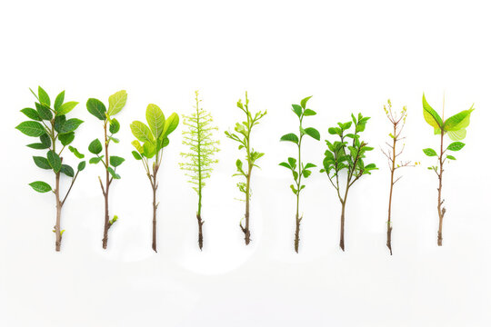 variety of tree seedlings with different leaf shapes, conveying the diversity and beauty of nature's early stages on a clean white surface
